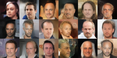 Eighteen example faces generated with the default CelebA conditions