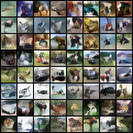 Grid of images generated unconditionally on CIFAR-10