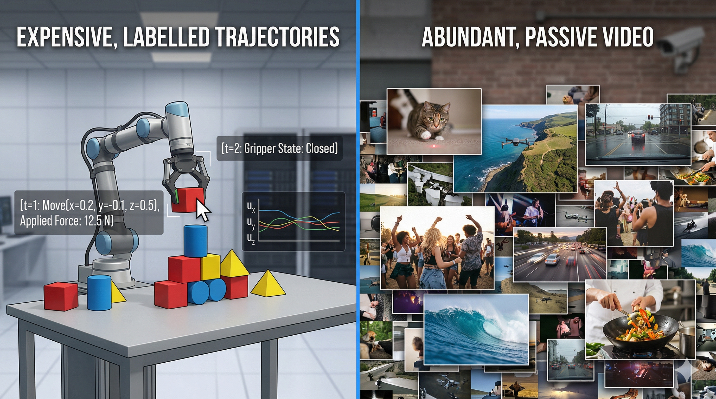 Comparison between expensive action-labelled trajectories and cheap passive video