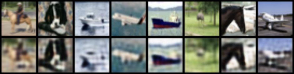 CIFAR-10 reconstructions under crop-and-resize showing improved colour and structure