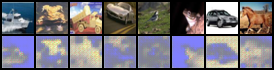 CIFAR-10 reconstructions under the pixel transformation showing luminance structure without correct colour detail
